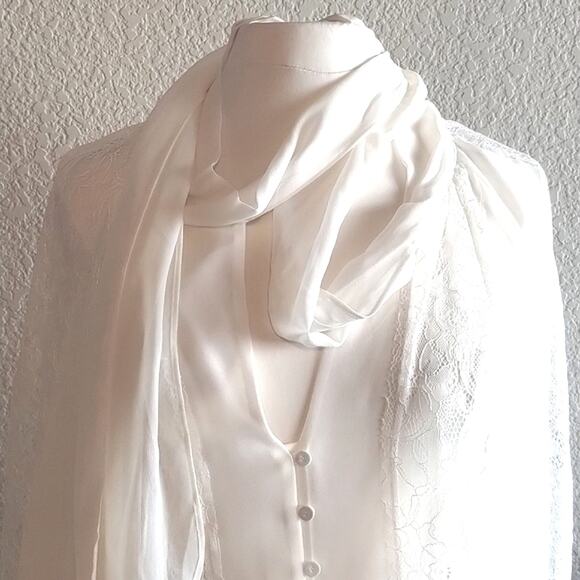 Lane Bryant NEW W/Tags Tie Neck Ivory Chiffon Blouse Lace Inset Slit Back 14/16 - Picture 4 of 16